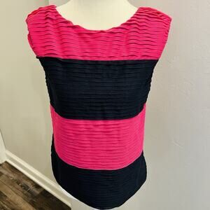Ann Taylor Petite MP Black Blue Pink Sleeveless Striped Pleated Top Blouse